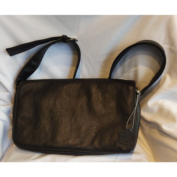 Aurielle Blk Flap w Magnet Genuine Leather Shoulder bag Handbag Multi Pockets - Picture 1 of 11